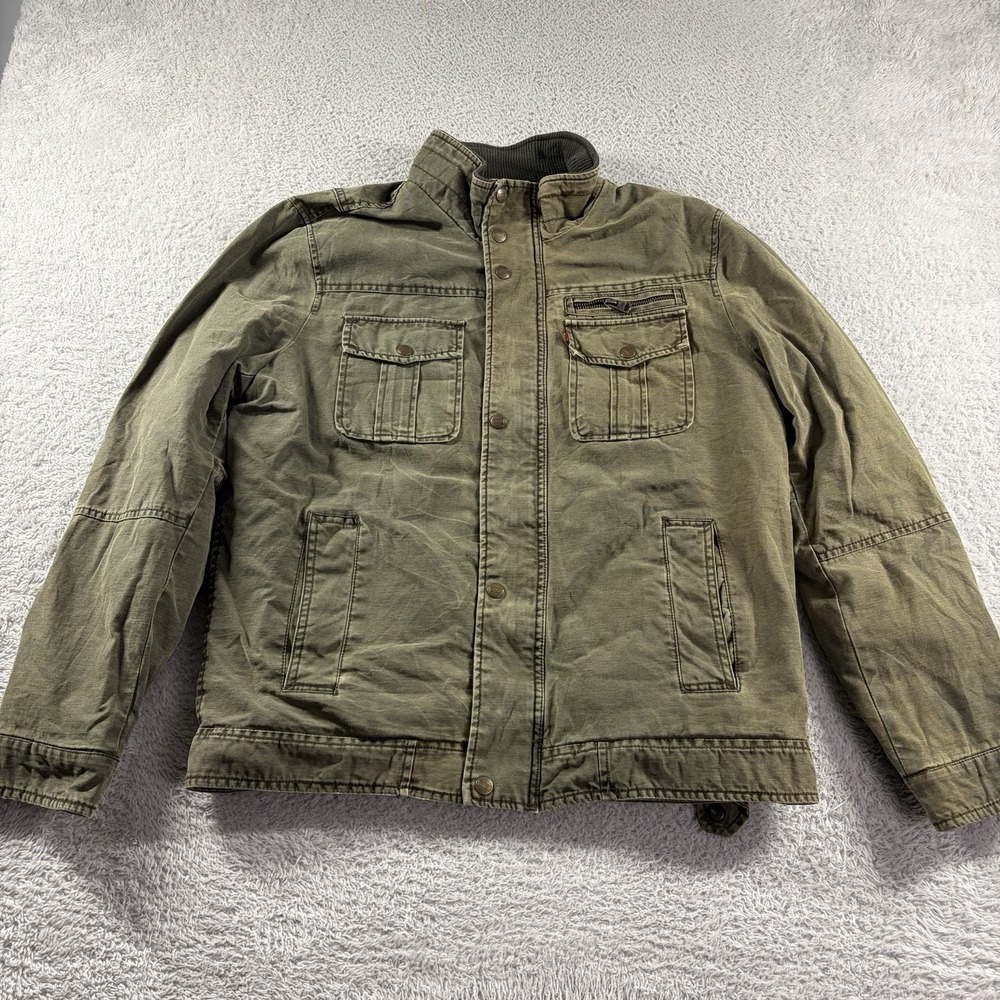 Levi's Sherpa Lined Military Chore Jacket Mens Medium Green Canvas Faded‎